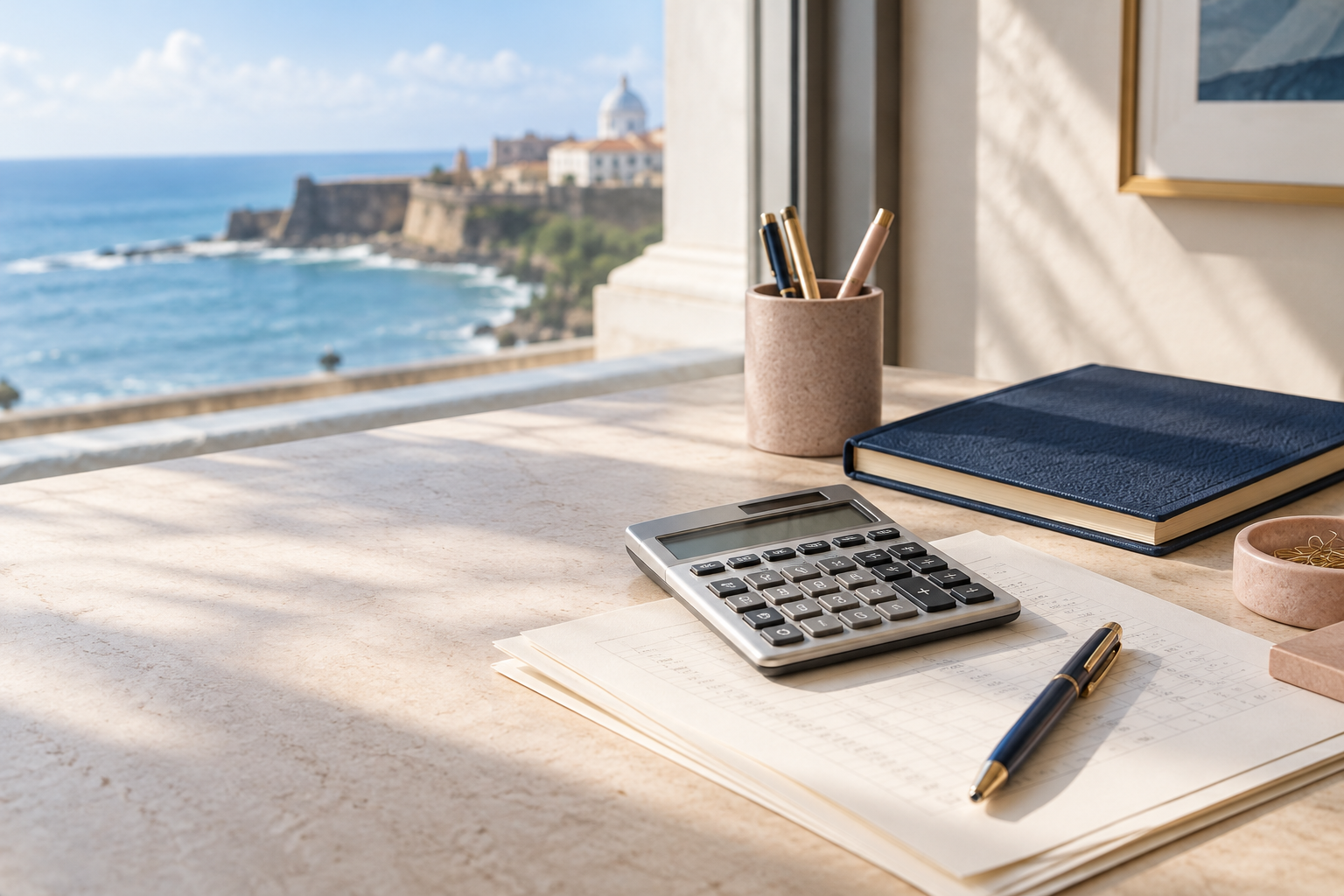 Illustrative accounting workspace with a calculator, documents and notebook.